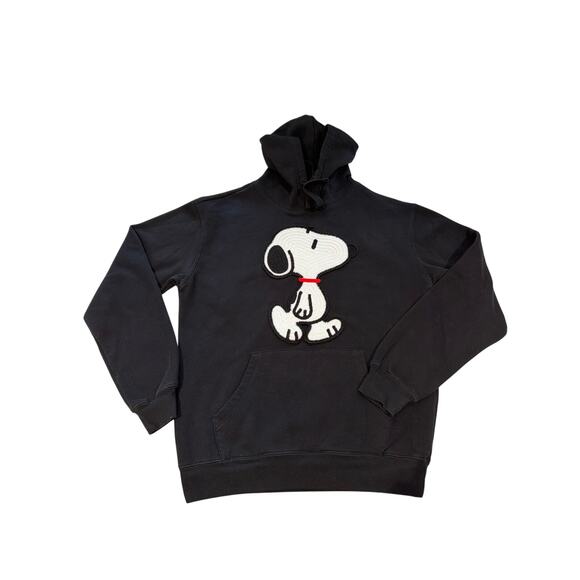 Peanuts Snoopy Hoodie Black XS Embroidered Crochet Pullover Sweatshirt Pocket - Picture 1 of 6